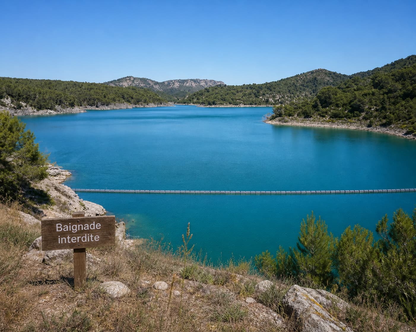 Paysage paisible du lac du Barrage de Bimont avec une berge herbeuse, des pins méditerranéens et un panneau en bois indiquant « Baignade interdite », sans nageur visible.