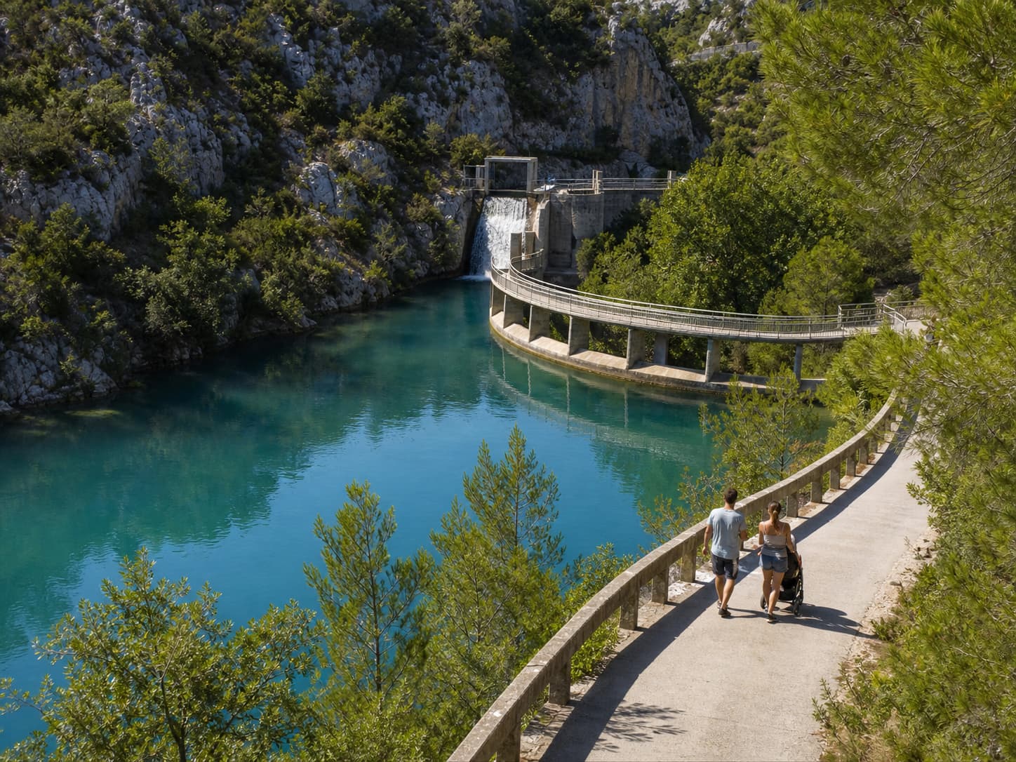 Barrage de Bimont avec cascade sur le déversoir, végétation verte luxuriante, couple avec poussette sur le chemin, reflets dans l