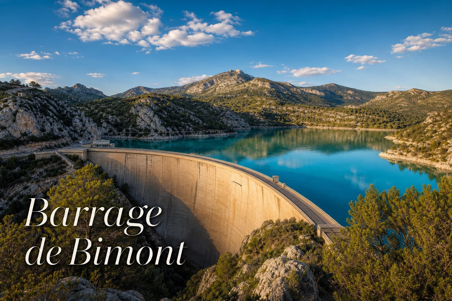 Vue grand angle du barrage de Bimont, un barrage en arc massif en béton, contrastant avec un lac turquoise entouré de montagnes calcaires sous une lumière dorée, avec le texte
