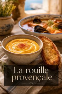Un bol de sauce rouille dorée surmontée d'un filet d'huile d'olive et de filaments de safran, avec un crostini et une soupe de poisson en arrière-plan sous une lumière naturelle.