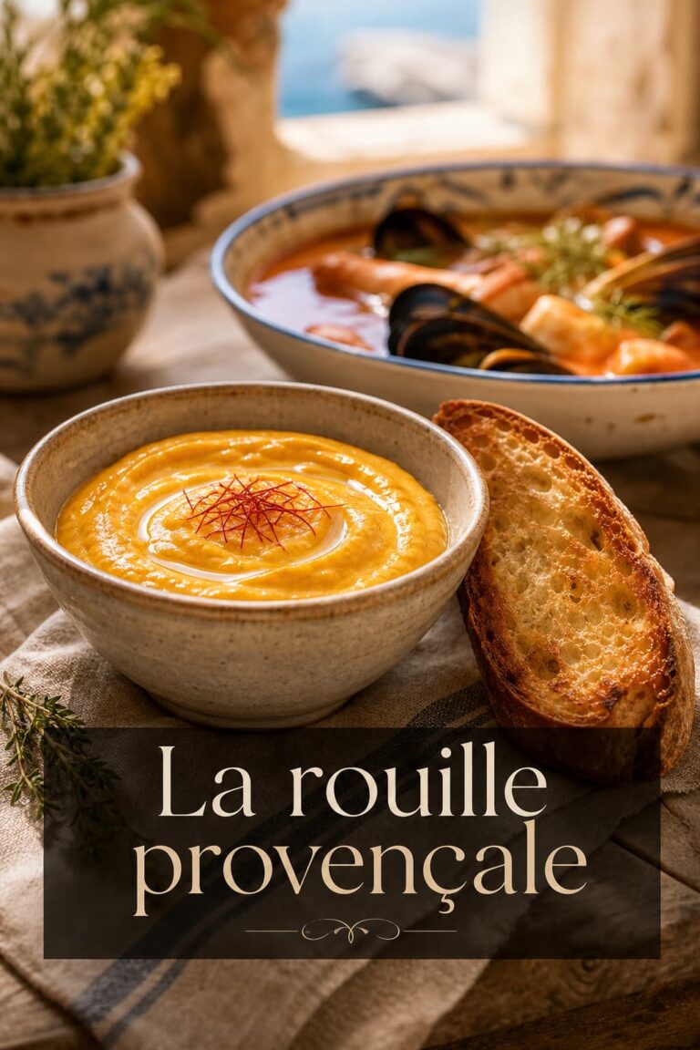 Un bol de sauce rouille dorée surmontée d'un filet d'huile d'olive et de filaments de safran, avec un crostini et une soupe de poisson en arrière-plan sous une lumière naturelle.