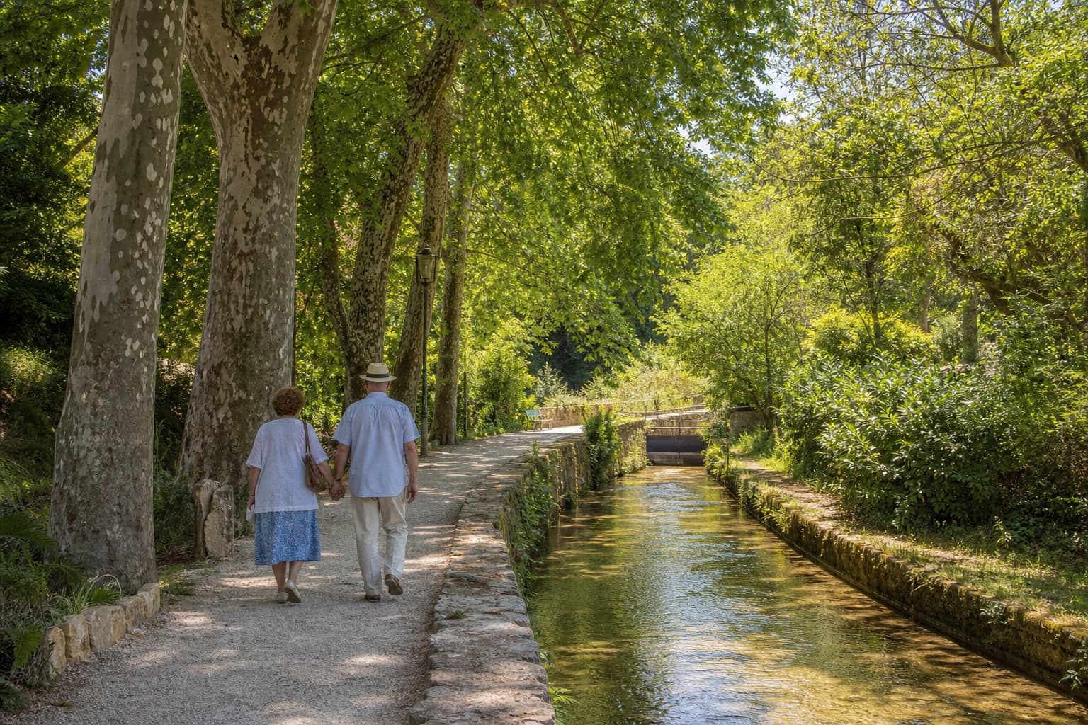 Un chemin paisible le long du ruisseau de la Torse à Aix-en-Provence, bordé de platanes ombragés, où un couple âgé se promène main dans la main
