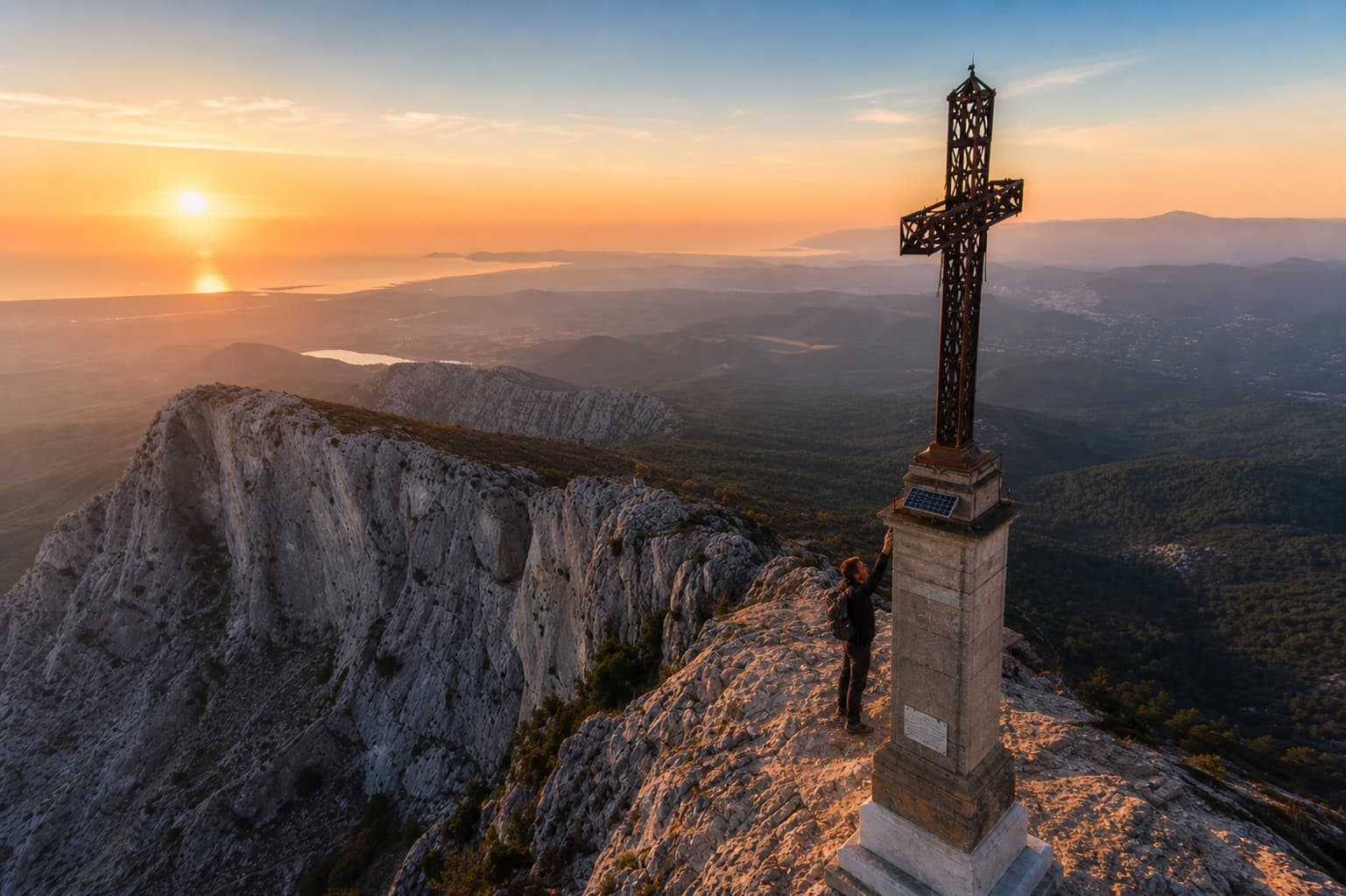 Un randonneur touche la croix de Provence au sommet de la Sainte-Victoire, avec un vaste paysage provençal s