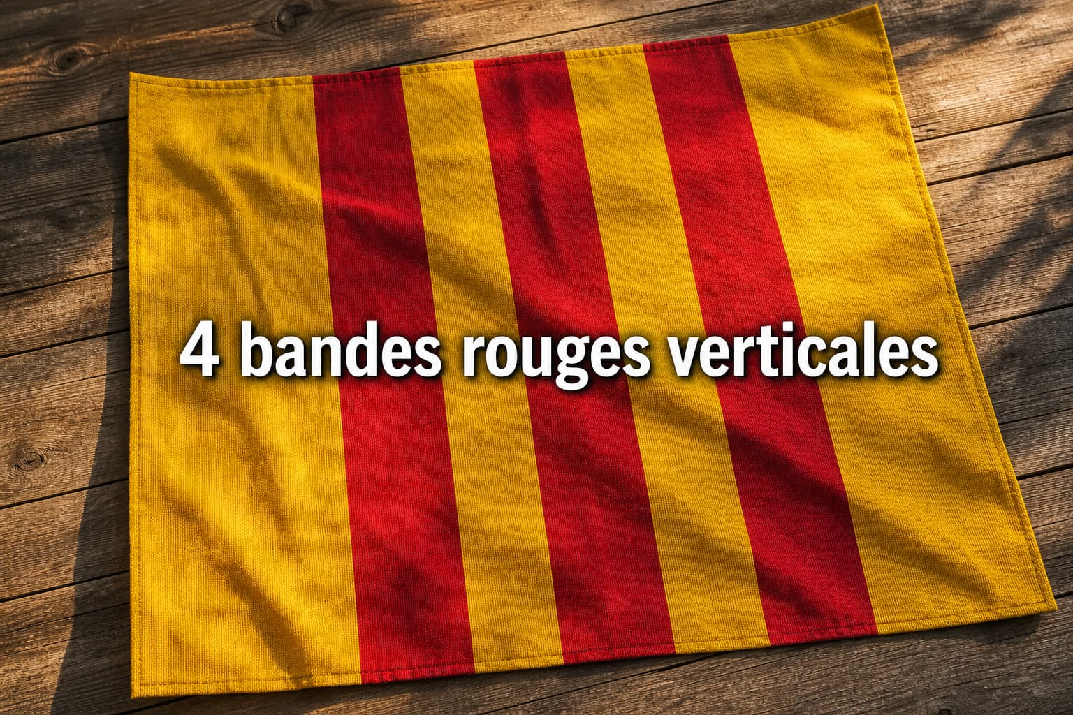 Gros plan du drapeau provençal en tissu doré avec quatre bandes verticales rouge foncé, posé sur une table en bois rustique éclairée par la lumière naturelle, avec le texte