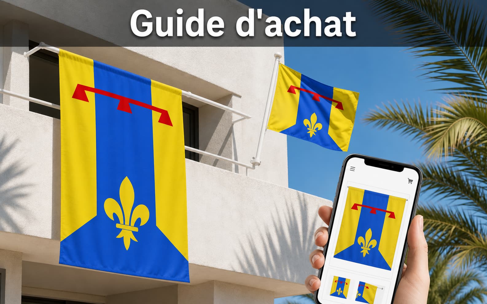 Deux drapeaux du Var avec différentes méthodes de fixation et téléphone affichant une boutique en ligne