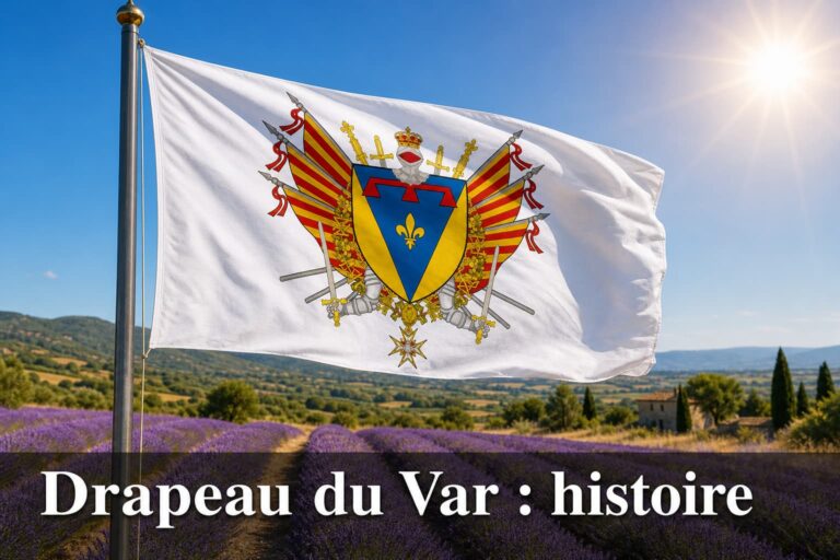 Un drapeau du Var flotte au vent devant un paysage provençal de champs de lavande et de collines sous un ciel bleu et ensoleillé, avec le texte 'Drapeau du Var : histoire' superposé en bas.