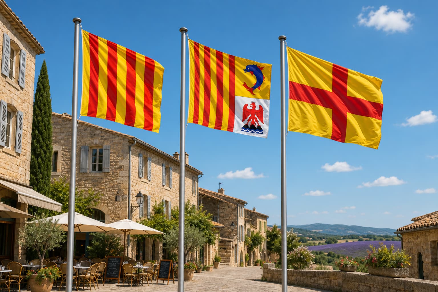 Trois drapeaux flottent sur une place de village provençal ensoleillée : provençal, PACA et Toulon