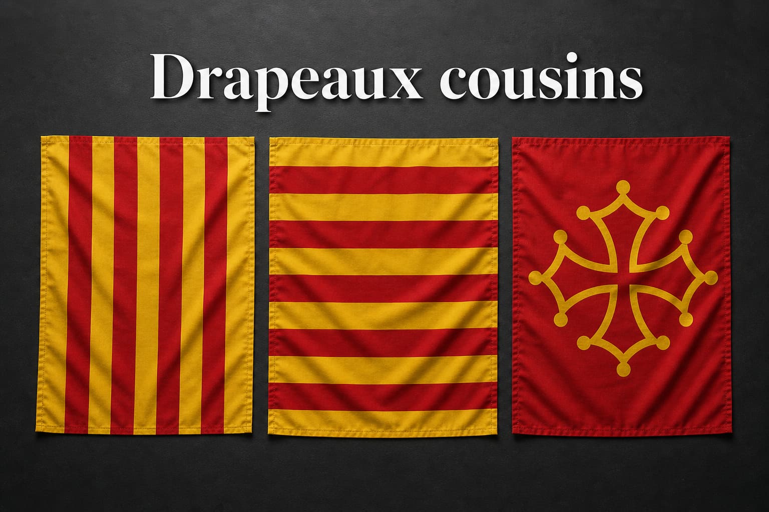 Trois drapeaux régionaux (Provence, Catalogne, Occitanie) posés à plat sur une table sombre, avec le texte superposé