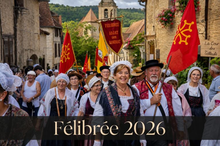 Défilé coloré de personnes en costumes traditionnels occitans avec bannières, devant un village de pierre ancien, avec texte 'Félibrée 2026' en surimpression.