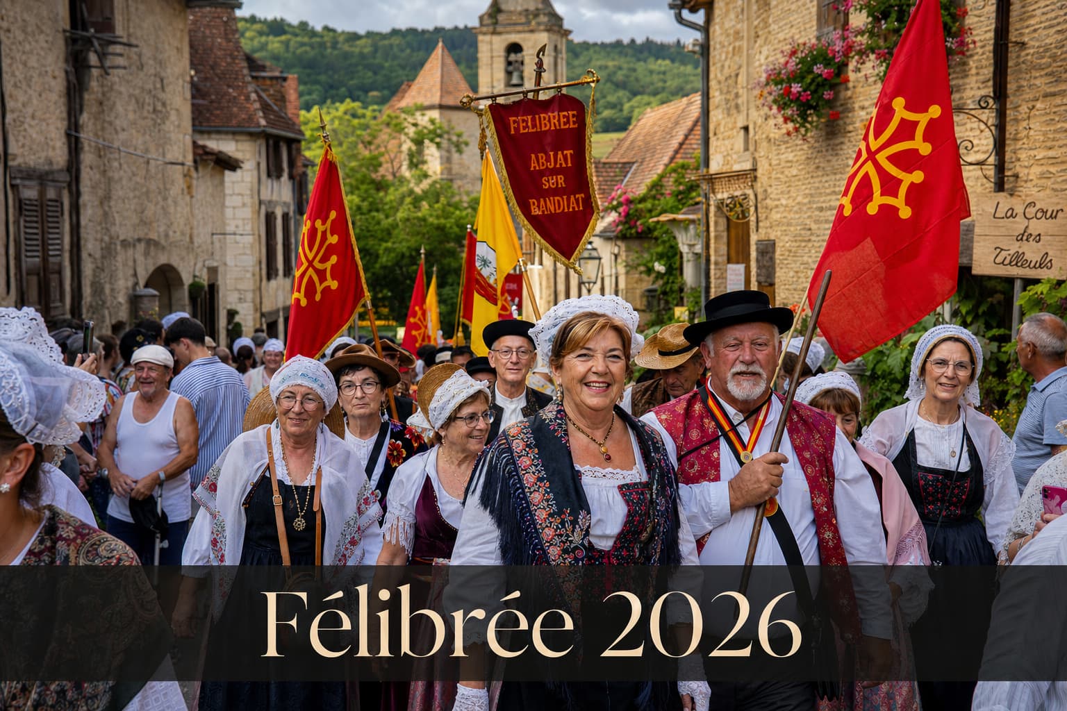 Défilé coloré de personnes en costumes traditionnels occitans avec bannières, devant un village de pierre ancien, avec texte