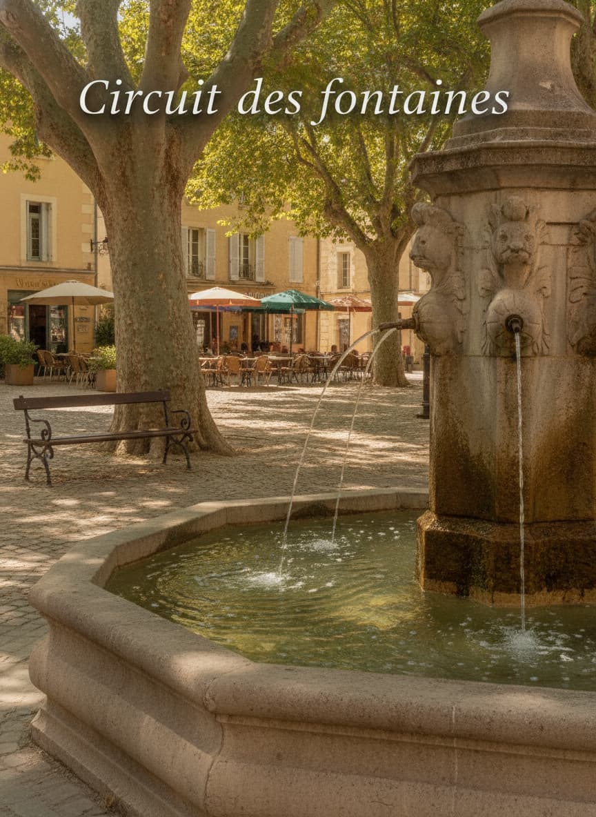 Fontaine en pierre sculptée au centre d’une place de village provençal ombragée par des platanes, avec un banc en fer forgé et une terrasse de café floue en arrière-plan.