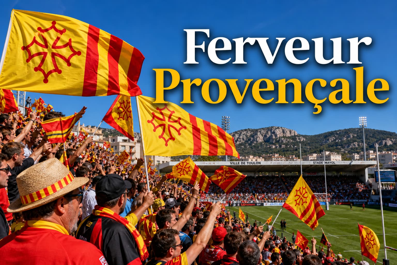 Une foule de supporters agitant des drapeaux provençaux dans les tribunes d