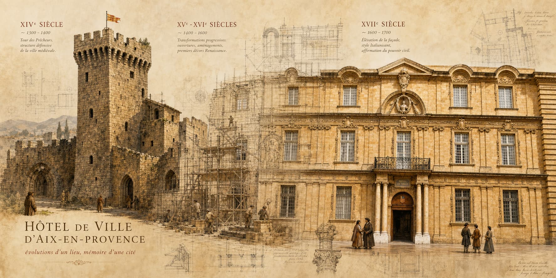 Composite illustration montrant la façade médiévale à gauche et la façade Renaissance à droite de l