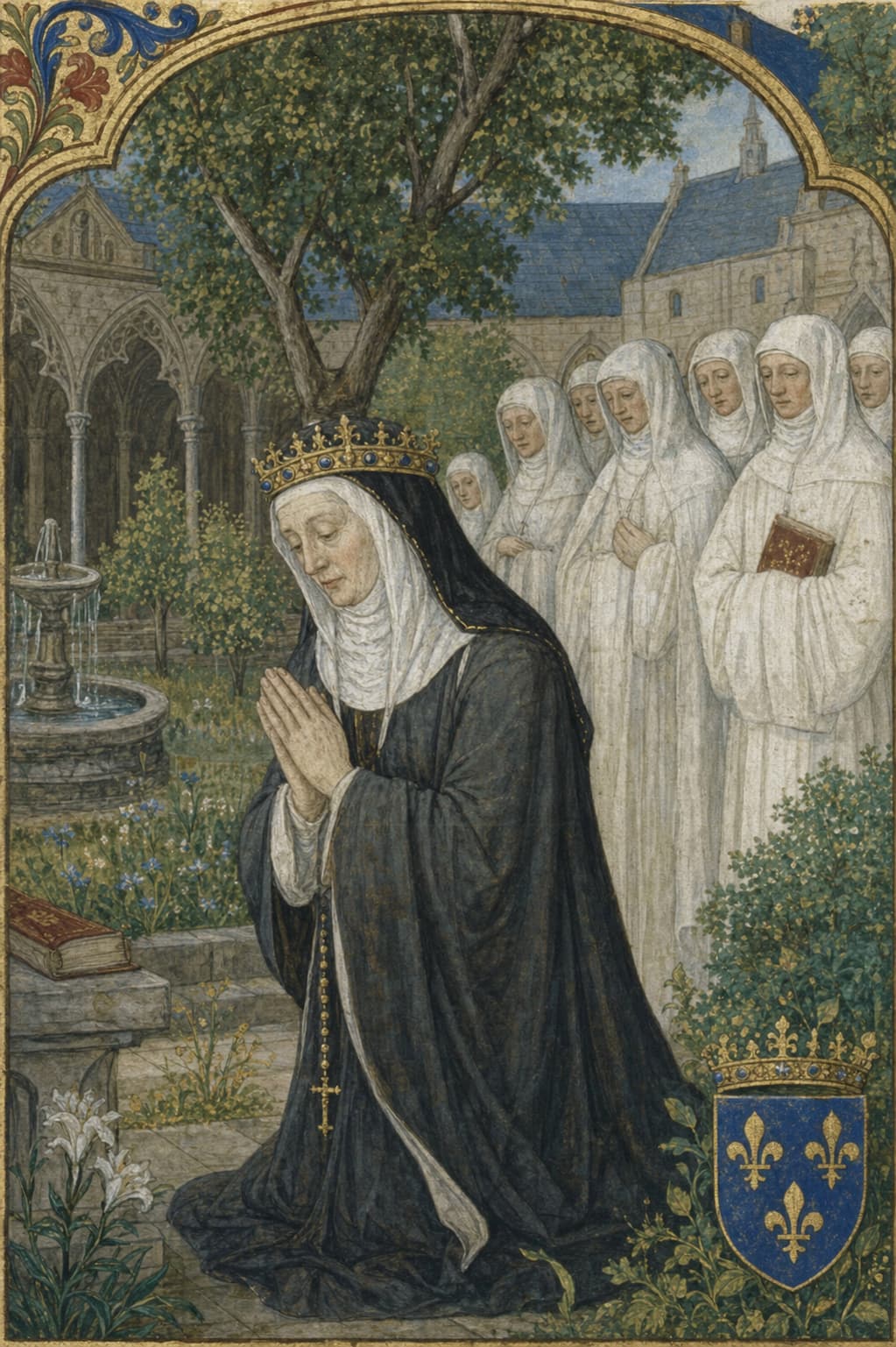 Une illustration historique sereine montrant Marguerite de Provence âgée, en robe sombre et guimpe, agenouillée en prière dans un jardin de cloître, avec des nonnes en arrière-plan, des arches en pierre, une fontaine et une douce lumière matinale.