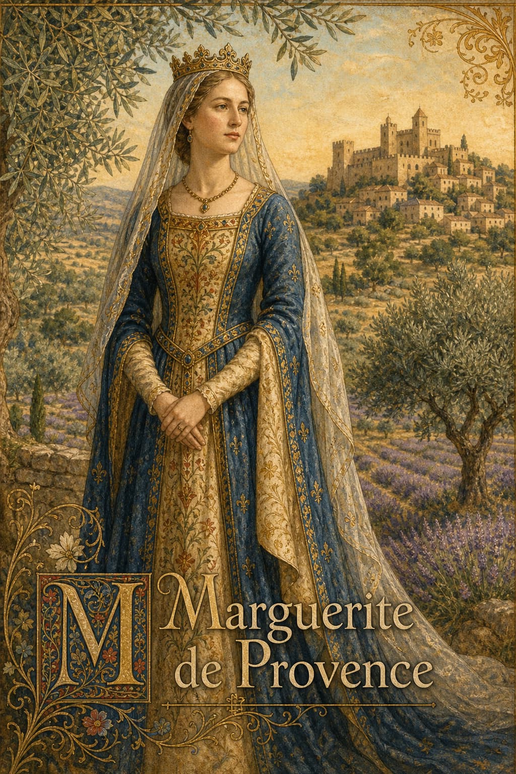 Illustration éditoriale de Marguerite de Provence en robe médiévale dans un paysage provençal avec château, oliviers et lavande, texte superposé