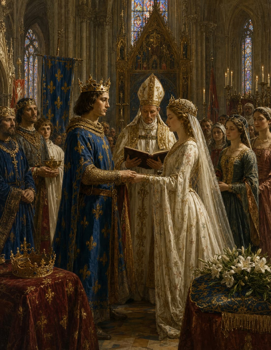 Un couple royal médiéval échange ses vœux devant un évêque dans la cathédrale gothique de Sens, entouré de courtisans, sous la lumière des cierges.