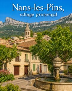 Vue pittoresque du village provençal de Nans-les-Pins blotti au pied du massif de la Sainte-Baume, avec des toits en terre cuite, un clocher d'église, une végétation luxuriante sous un ciel bleu clair, et le texte 'Nans-les-Pins, village provençal' en surimpression avec ombre portée.