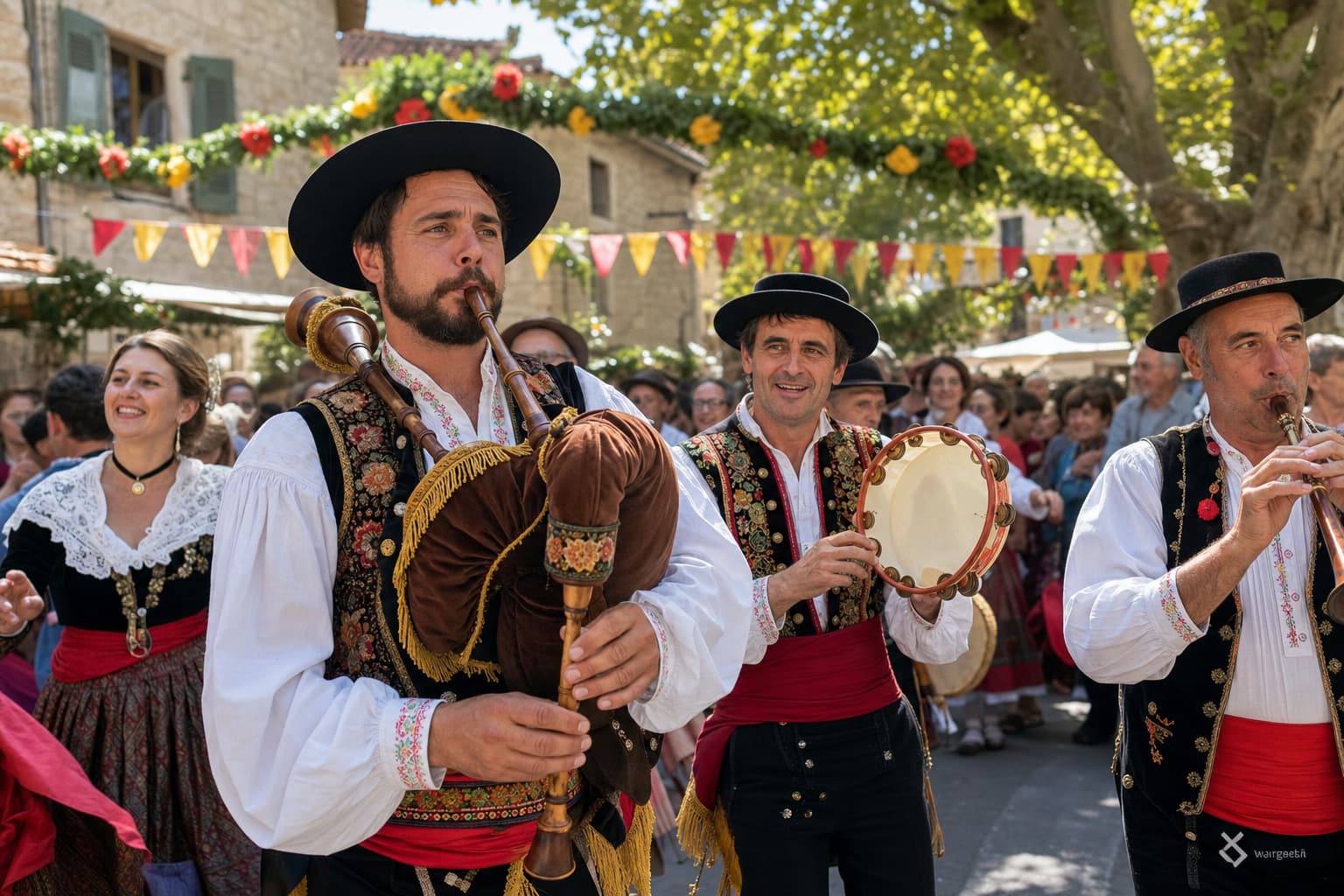 Des musiciens en costumes traditionnels jouant du boha et du tambourin défilent dans une rue de village, sous des guirlandes de fleurs, tandis que la foule danse joyeusement sous le soleil filtrant à travers les arbres.