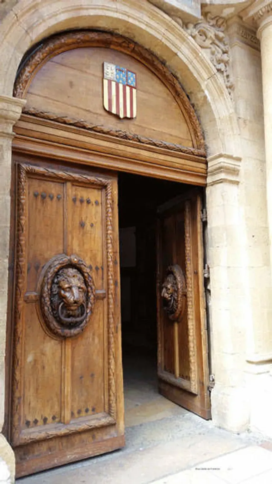 Gros plan sur les portes en bois sculpté de l