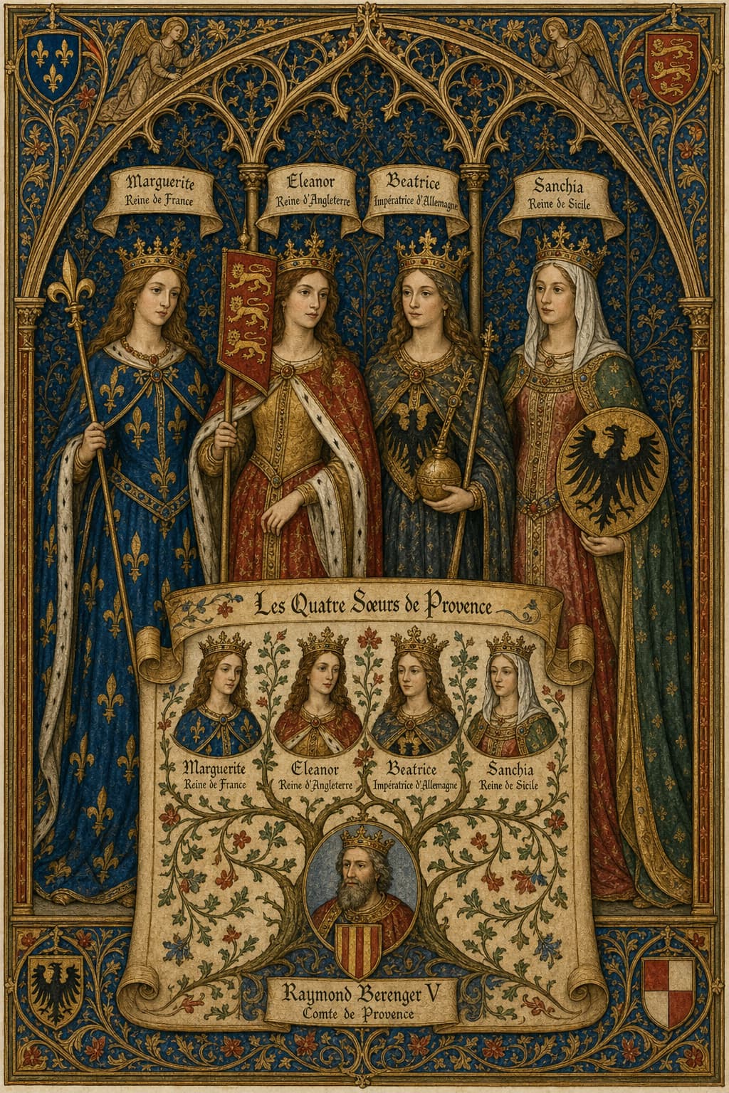 Quatre sœurs couronnées en tenues médiévales sous une arche gothique ornée, tenant des symboles héraldiques, devant un fond de tapisserie avec un arbre généalogique central.