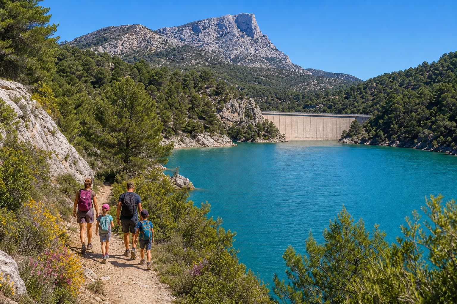 Une famille avec des sacs à dos marche sur un sentier de terre au bord du lac de Bimont, le barrage visible au loin et la montagne Sainte-Victoire en arrière-plan, sous un ciel ensoleillé, entourée de garrigue méditerranéenne et de fleurs sauvages.