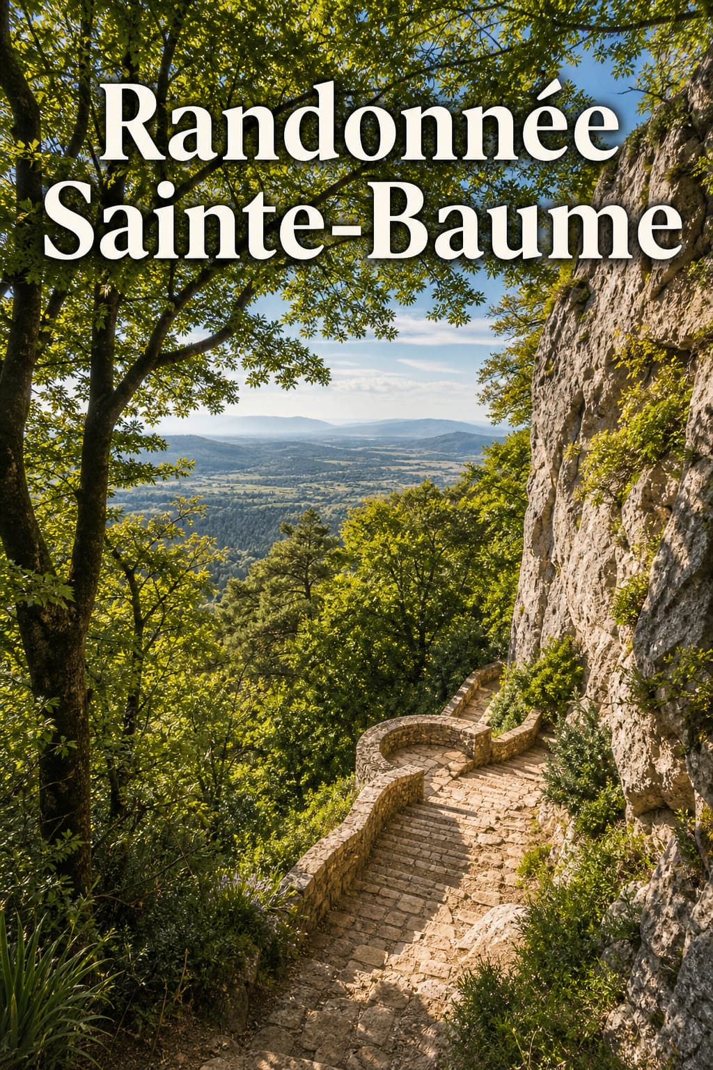 Sentier de randonnée dans la forêt de Sainte-Baume avec de grands arbres à feuilles caduques, une lumière tamisée et un chemin rocailleux menant à une vue panoramique sur la campagne varoise
