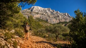 Un randonneur sur un sentier rocailleux avec la Montagne Sainte-Victoire en arrière-plan, éclairé par le soleil doré de l'après-midi, parmi des pins et un sol rouge.