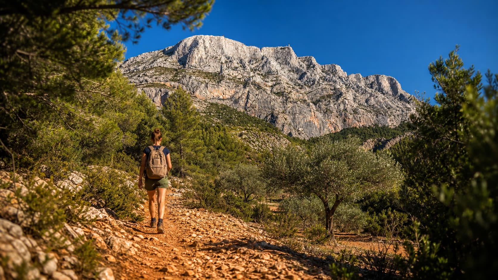 Un randonneur sur un sentier rocailleux avec la Montagne Sainte-Victoire en arrière-plan, éclairé par le soleil doré de l
