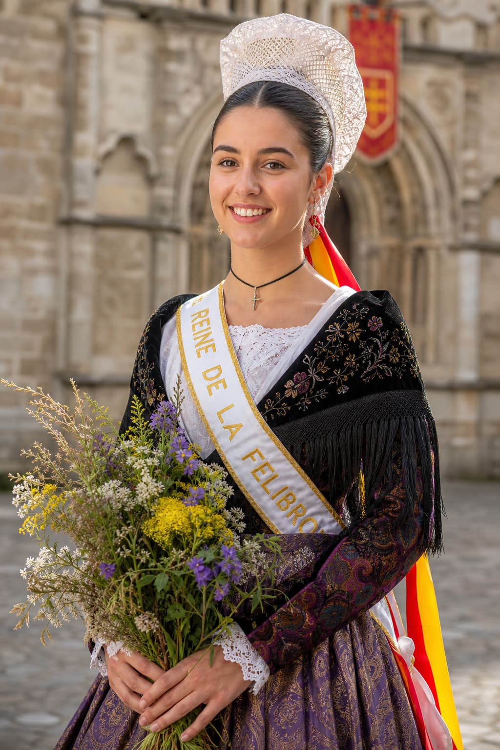 Jeune femme en costume traditionnel occitan avec coiffe en dentelle et rubans colorés, tenant un bouquet de fleurs sauvages devant une église ancienne en pierre.