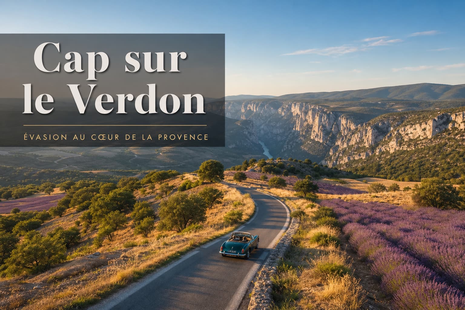 Route sinueuse traversant des collines provençales avec champs de lavande et chênes clairsemés, falaises calcaires des Gorges du Verdon au loin sous un ciel azur, une voiture vintage sur la route dans une lumière dorée, avec le texte ‘Cap sur le Verdon’ incrusté en superposition
