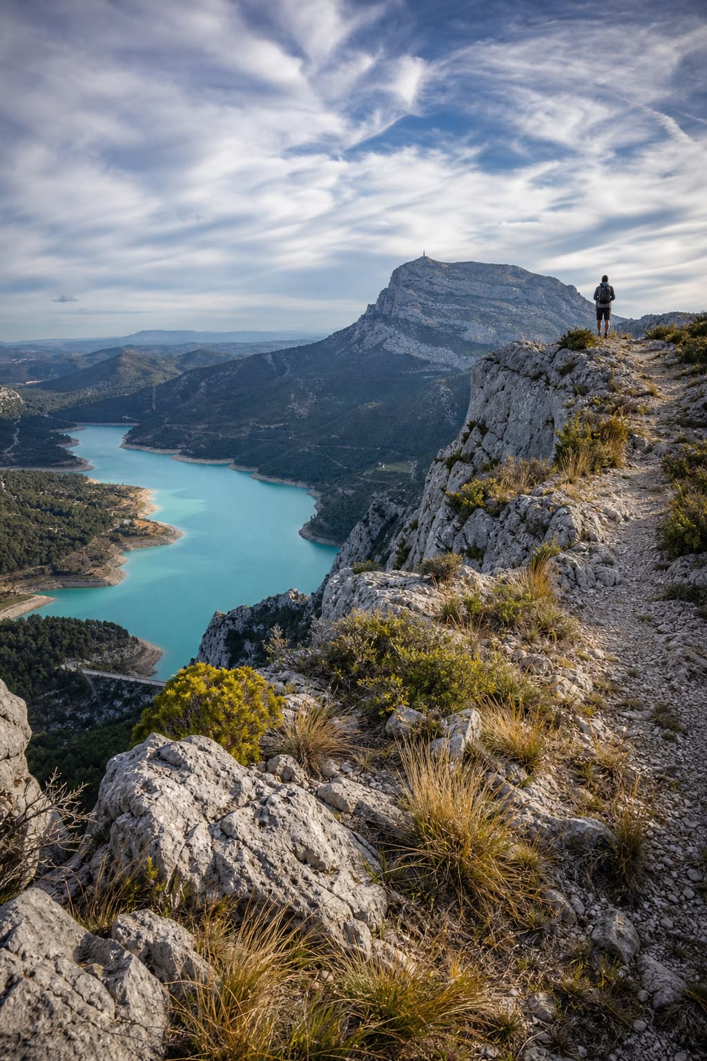 Un randonneur en silhouette sur le sentier étroit de la crête d’Imoucha, surplombant les eaux turquoise du réservoir du barrage de Bimont, avec la Croix de Provence visible au sommet lointain