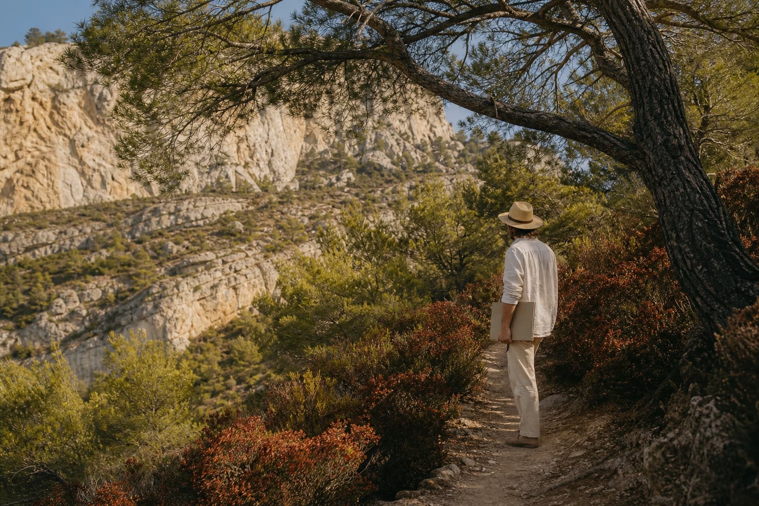 Un sentier étroit traverse la garrigue teintée de rouge à Bibémus, bordé de roches calcaires et de pins tordus