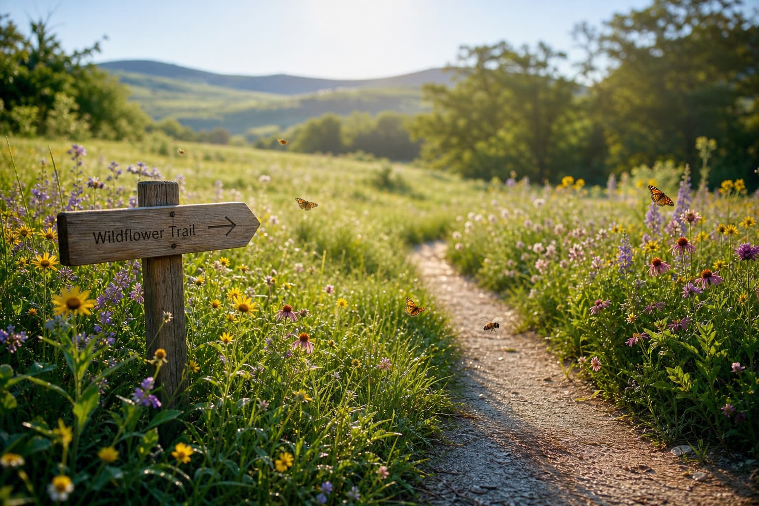 Un sentier paisible traverse une prairie de fleurs sauvages, avec des papillons et des abeilles, et des collines douces en arrière-plan