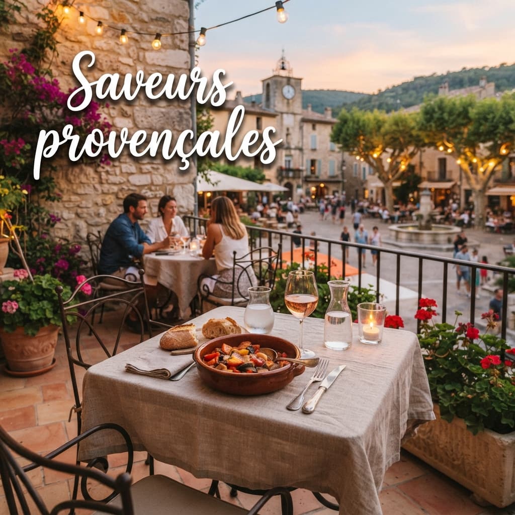 Table joliment dressée sur une terrasse de restaurant provençal avec un bol de ratatouille, un verre de rosé, une vue sur la place du village, sous une lumière douce du soir