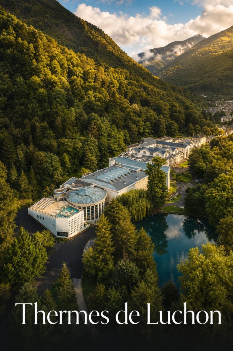 Vue aérienne du bâtiment historique des thermes de Luchon, encadré par les majestueuses montagnes des Pyrénées sous une lumière dorée d'après-midi, avec un bandeau semi-transparent foncé en bas affichant le texte 'Thermes de Luchon' avec ombre portée.