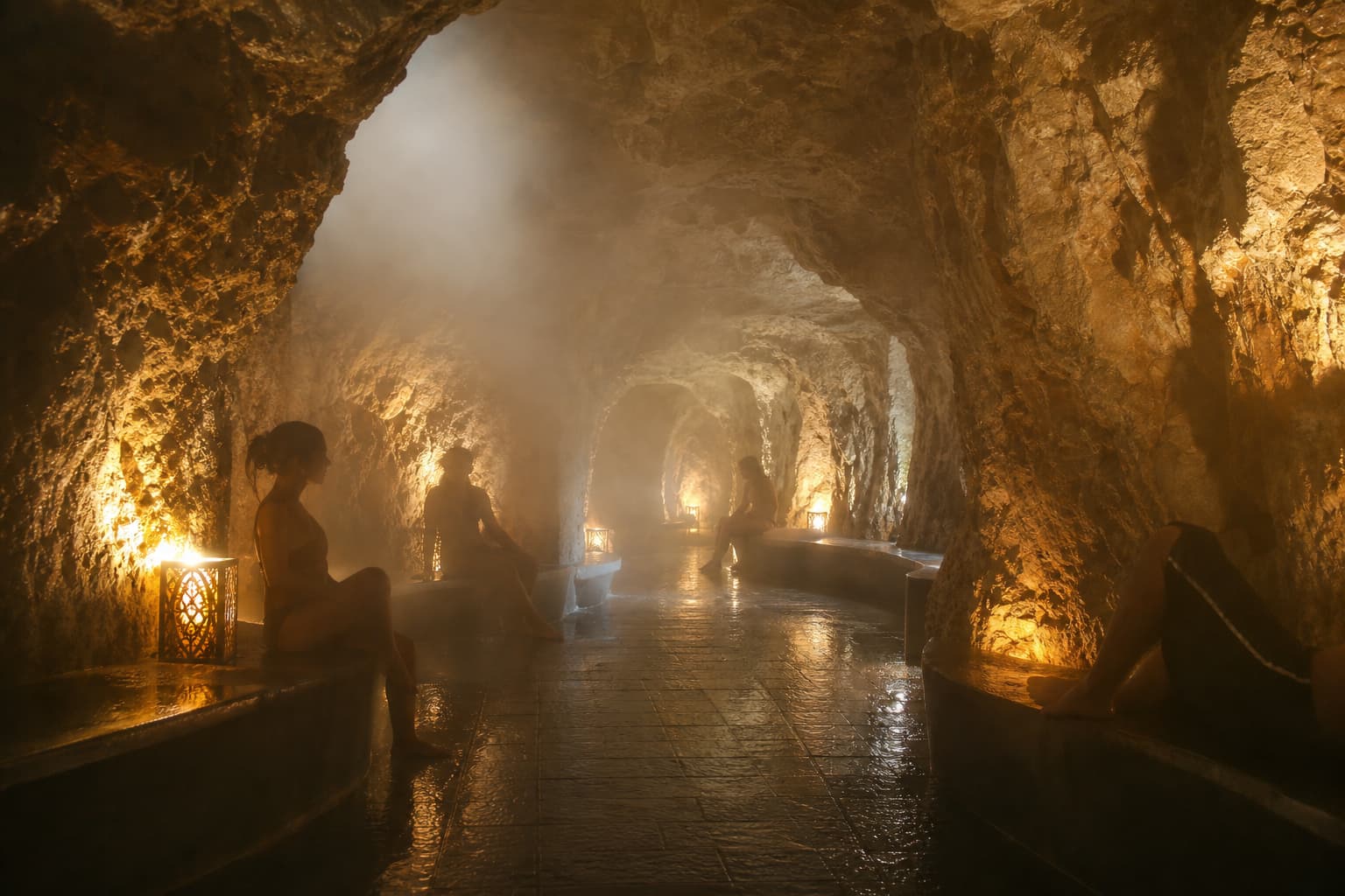 Intérieur de la grotte de vapeur naturelle du Vaporarium à Luchon, lumière tamisée filtrant à travers la brume, silhouettes de personnes se relaxant sur des bancs rocheux, murs de pierre anciens incrustés de minéraux.