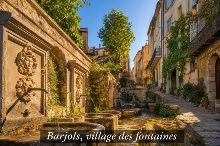Une rue pittoresque du village provençal de Barjols, avec des fontaines en pierre ornées, des bâtiments anciens couverts de lierre, baignée par la lumière dorée de l'après-midi, et le texte 'Barjols, village des fontaines' en surimpression.