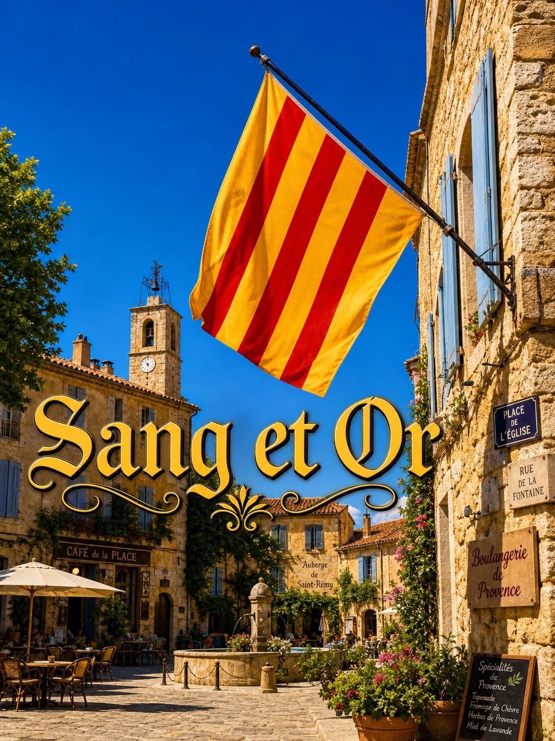 Place de village provençal ensoleillée avec un grand drapeau de Provence flottant sur un bâtiment en pierre, des toits en tuiles terre cuite, un ciel bleu, et le texte