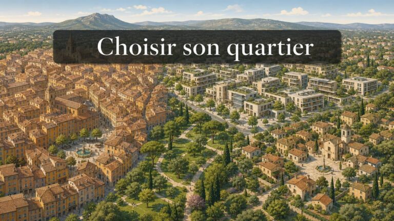 Vue aérienne stylisée d'Aix-en-Provence juxtaposant un centre historique dense, un quartier contemporain, un espace vert et un village périphérique, avec le texte 'Choisir son quartier'.