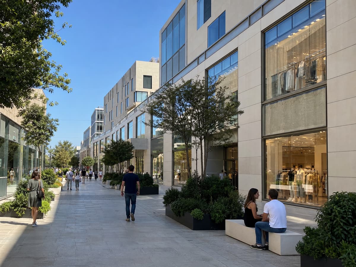 Espace piétonnier moderne bordé de commerces aux façades contemporaines, avec passants et mobilier urbain, sous une lumière ensoleillée.