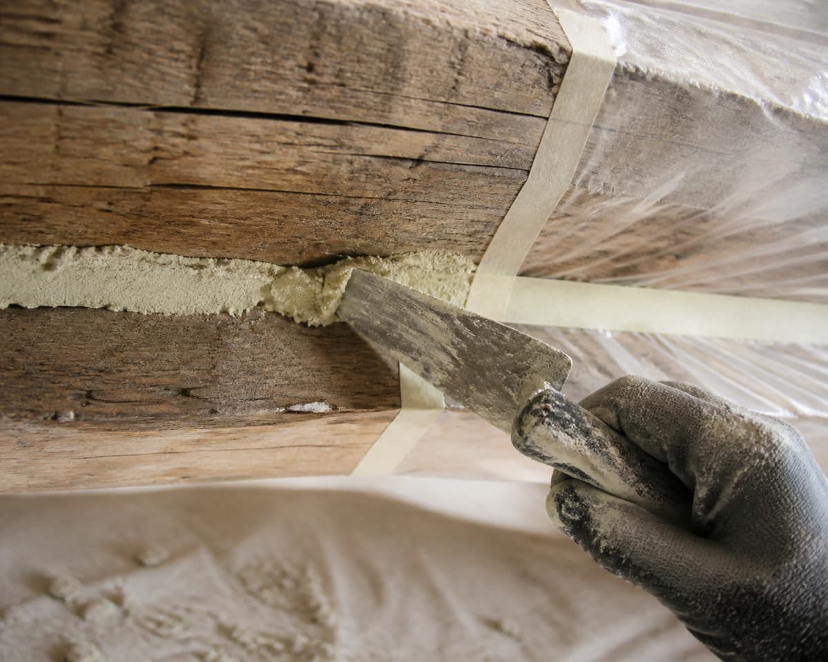 Main gantée appliquant à la truelle un enduit clair entre des planches de bois, avec des protections en plastique sur le bois et au sol.