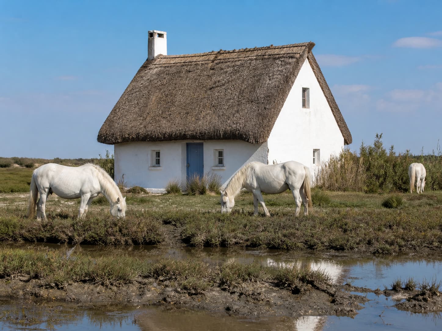Cabane de gardian traditionnelle avec toit de sagne et chevaux camarguais