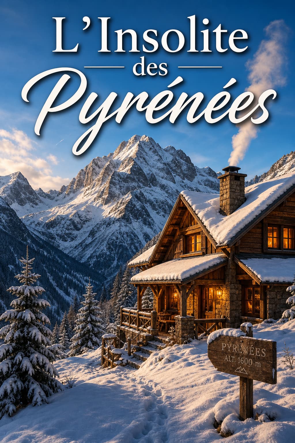 Cabane en bois et pierre dans les Pyrénées enneigées, avec sommets enneigés en arrière-plan et fumée sortant de la cheminée, et texte superposé « L