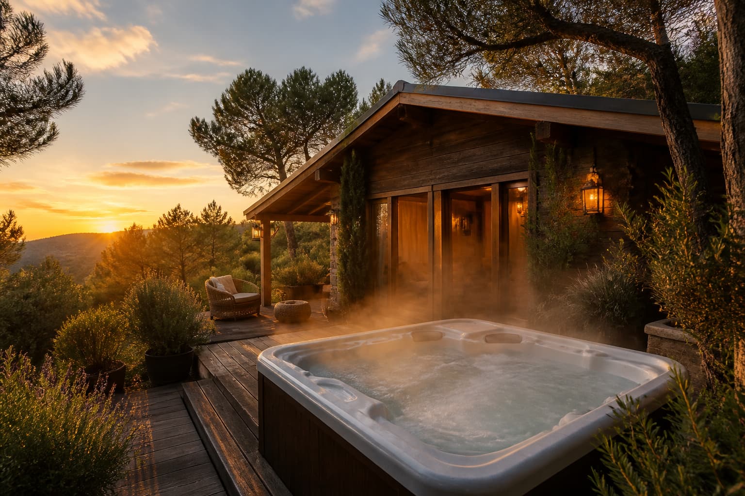 Cabane en bois avec jacuzzi fumant sur une terrasse privée entourée de végétation