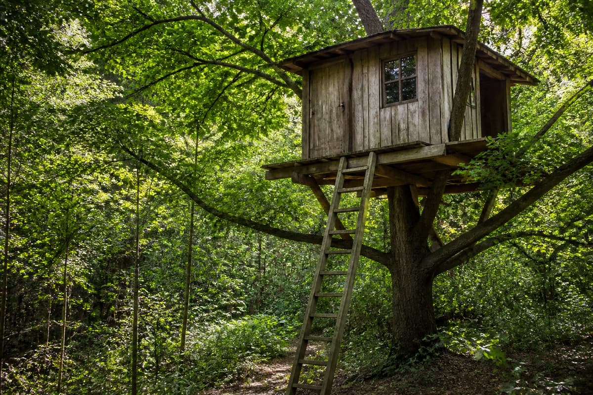 Cabane en bois perchée dans un arbre, entourée de feuillage, avec une échelle menant à son entrée au cœur d
