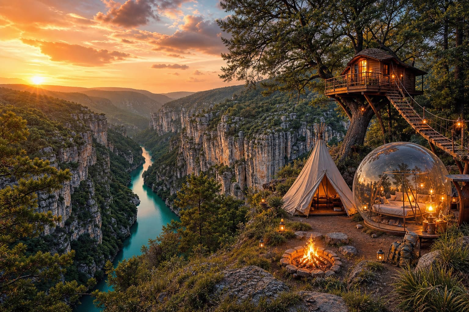 Camping pittoresque au bord des Gorges du Tarn avec cabane dans les arbres, tipi et bulle transparente au coucher du soleil.