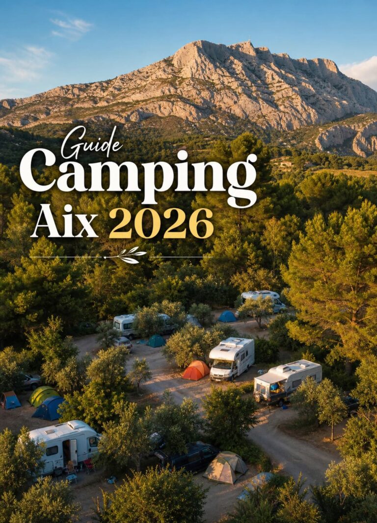 Vue aérienne d’un camping pittoresque entouré d’oliviers et de pins, avec la montagne Sainte-Victoire en arrière-plan baignée d’une lumière dorée de coucher de soleil, des tentes et camping-cars colorés dispersés, et le texte 'Guide Camping Aix 2026' superposé en ombre portée.