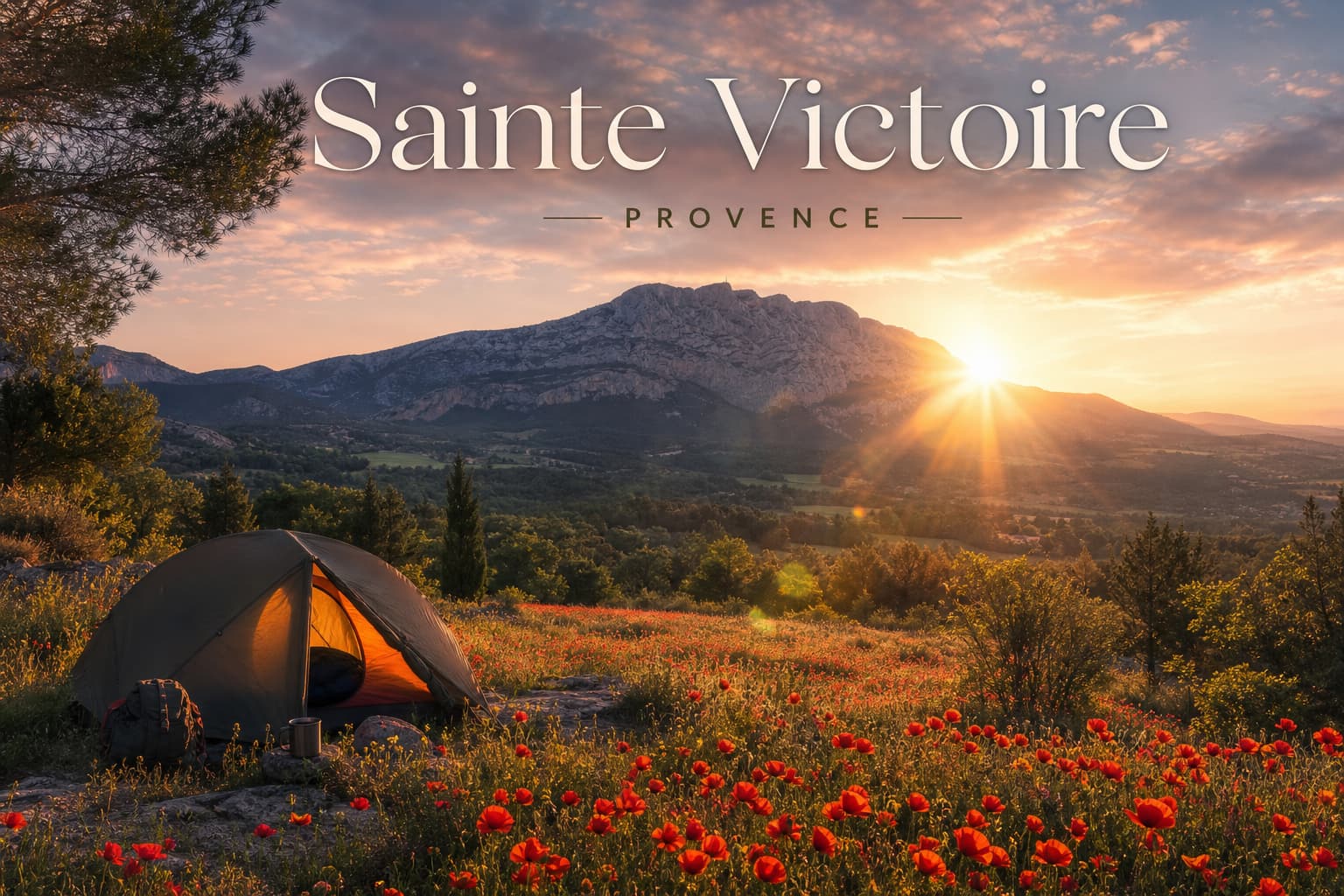 Une tente au premier plan surplombant une vallée avec la montagne Sainte-Victoire en arrière-plan, ciel dramatique au lever du soleil, couleurs douces, et le texte