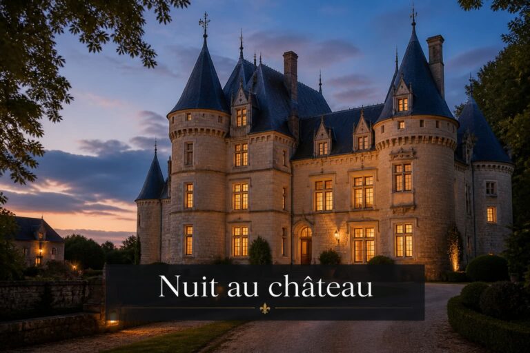 Vue extérieure d'un château en pierre au crépuscule, avec des fenêtres illuminées et le texte « Nuit au château » superposé.