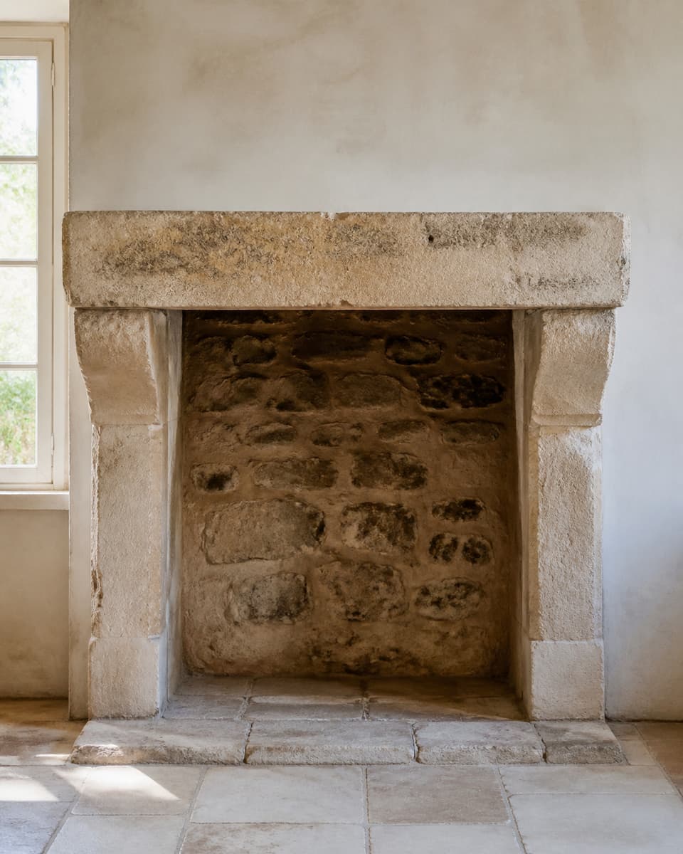 Cheminée ancienne en pierre de Provence avec pierre patinée, irrégularités de taille et linteau ancien, vue de face.